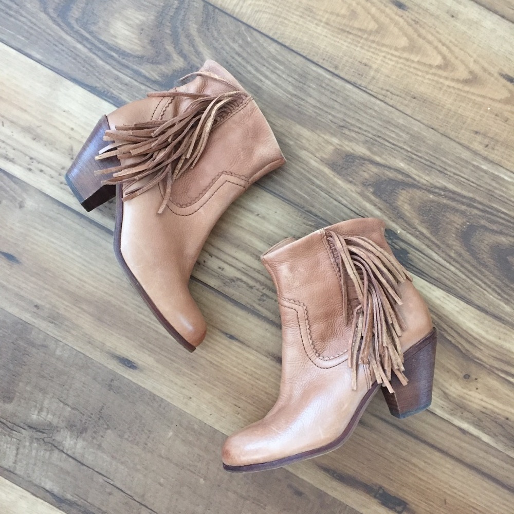 Sam Edelman Camel Leather Fringe Ankle Boots